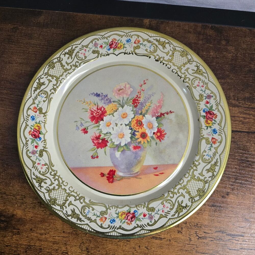 Vintage Daher Holland 8” Tin Litho Decorated Ware Metal Plate Tray FloralVintage